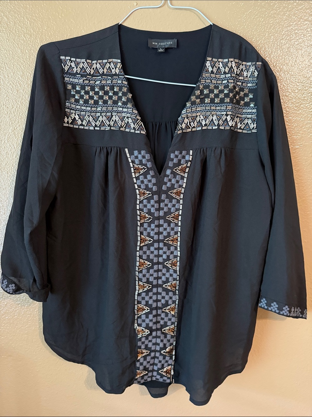 MM Couture Black Tunic with Geometric Embroidery